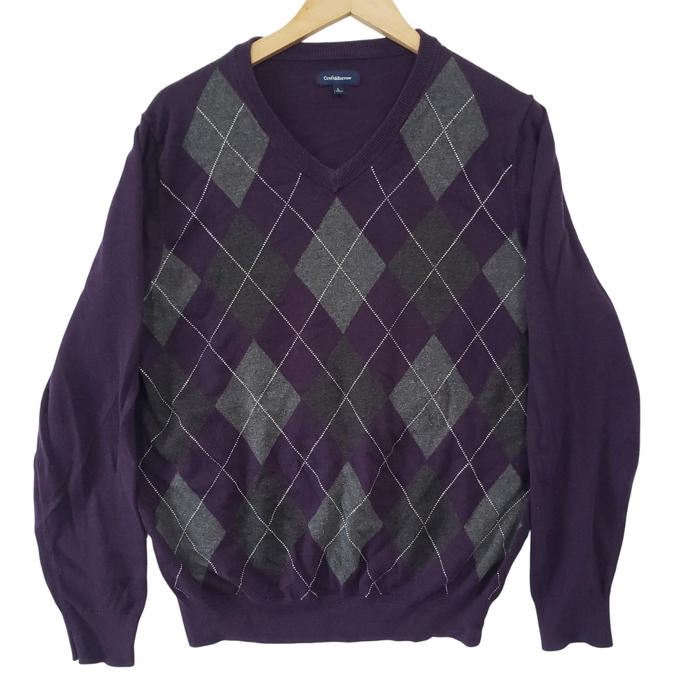 Croft & Barrow Argyle V Neck Sweater Mens Large Purple Grey Cotton Blend Knit